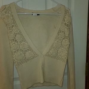 Angora and Wool Cream Cardigan with Knitted Floral Detail